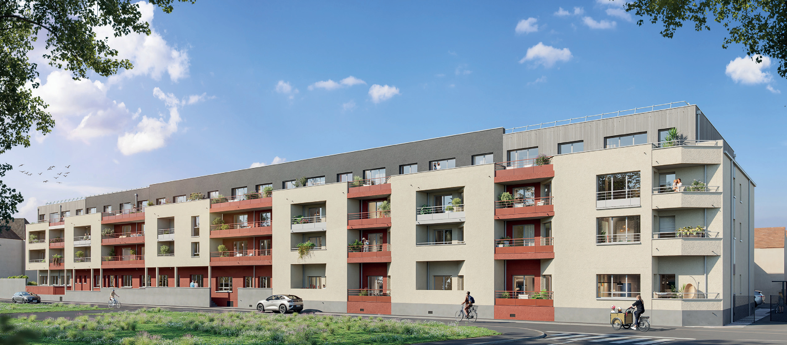 Perspective architecturale officielle de la façade rue Baudin - Résidence LINÉA Le Mans par Crenn & Odeau