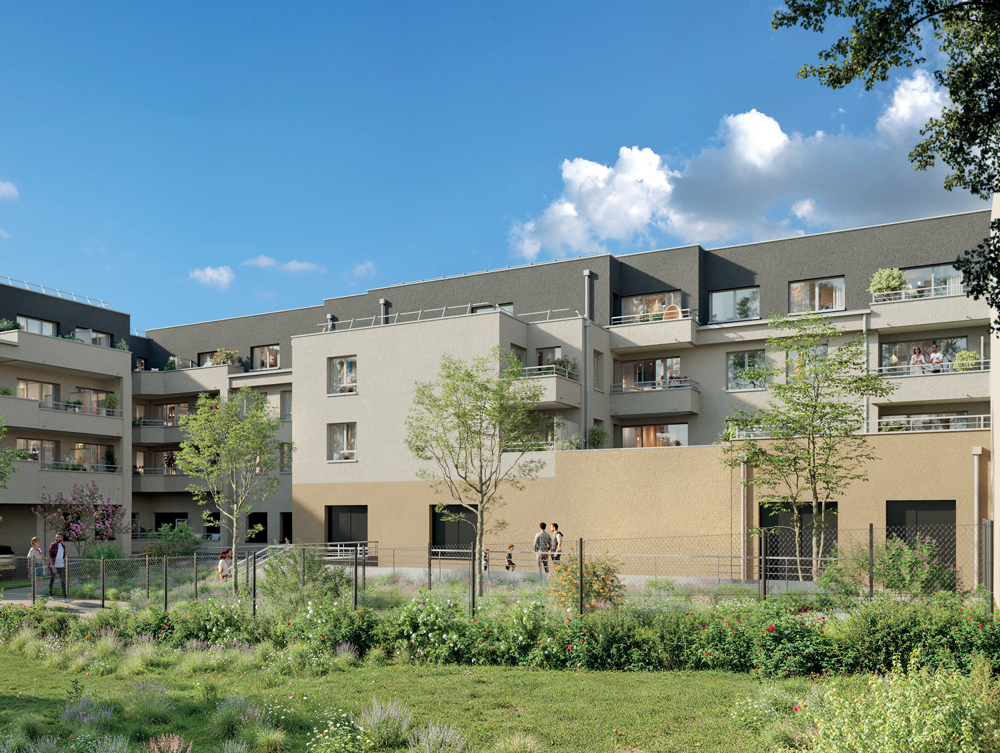 Cœur d'îlot paysager arboré et toitures végétalisées isolantes - Résidence LINÉA 48 rue Baudin Le Mans
